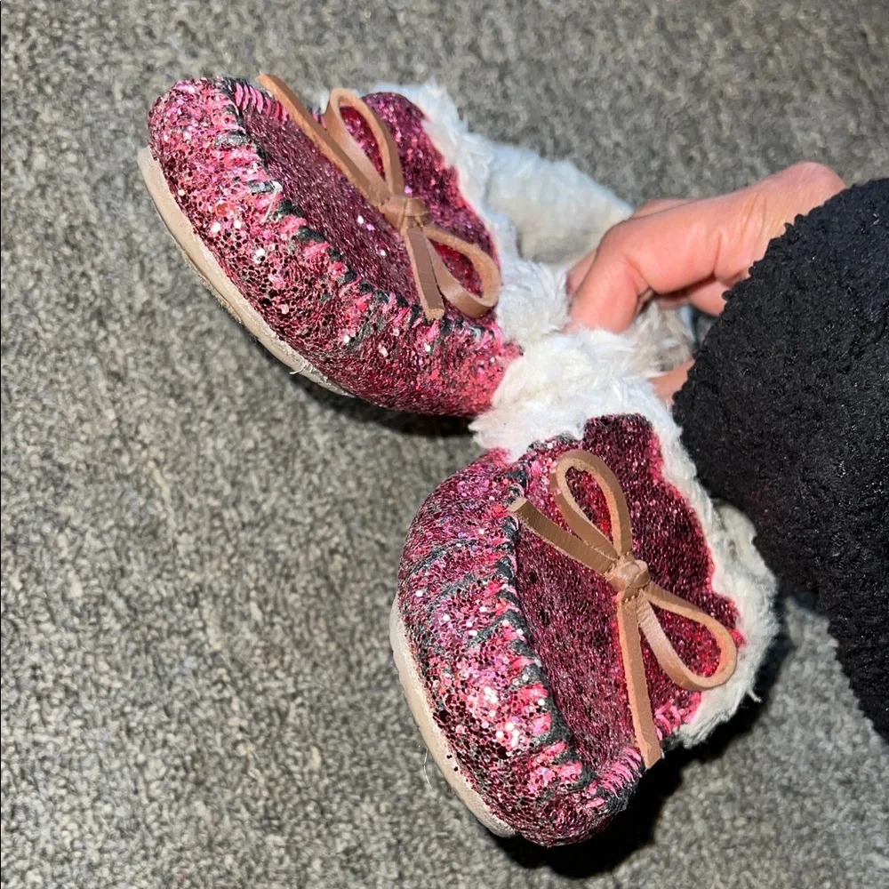 Pink Glitter Moccasin Slippers with Faux Fur Lining